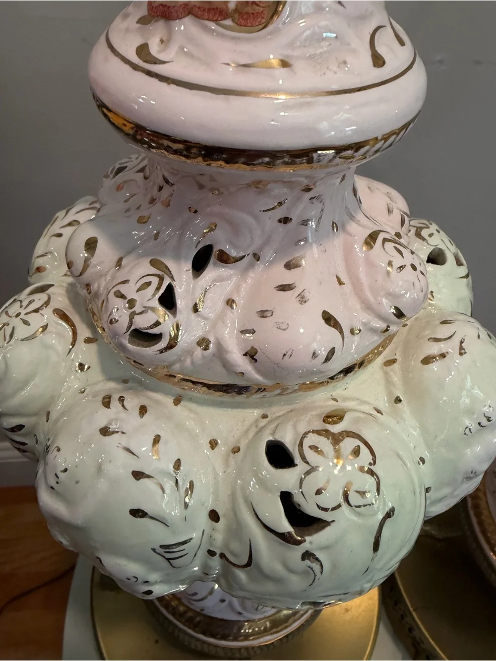 Vintage Capadimante Cherub Pink /Cream Porcelain Table Lamp Pair with koi feet
